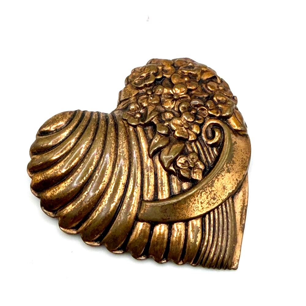 Vintage 80s Bronze Tone Fluted Heart Floral Swirl Brooch Pin